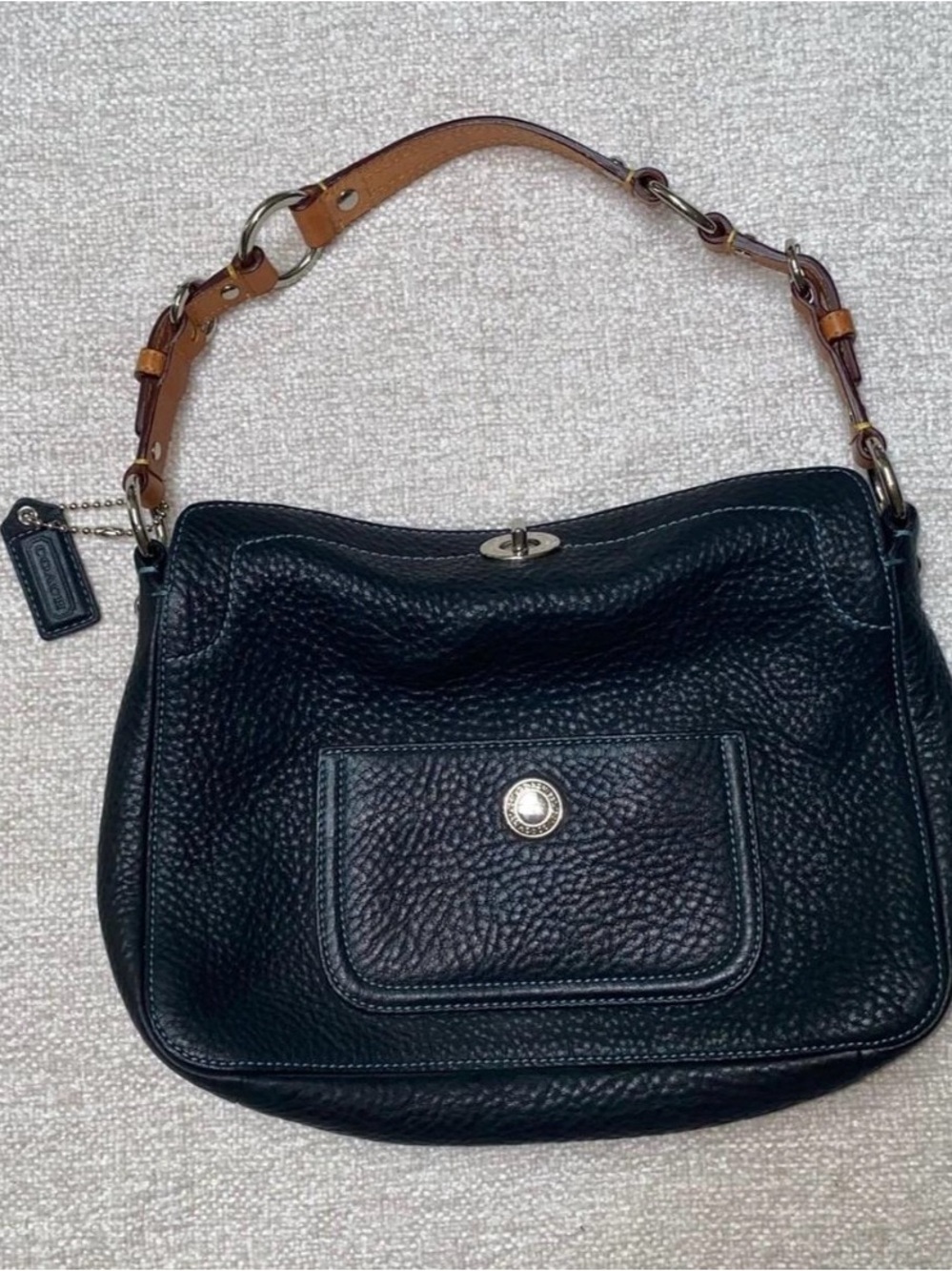 Y2K Coach Black Pebbled Leather Hobo Bag with Turquoise Lining - EO5S-8A38